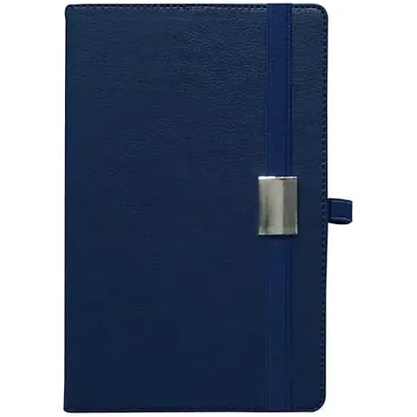 promosyon lacivert suni deri kapaklı lastikli defter, dikişli kenar ve kalem halkası, beyaz fon