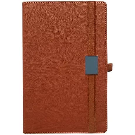 promosyon taba kahverengi suni deri kapaklı lastikli defter, dikişli kenar, beyaz fon