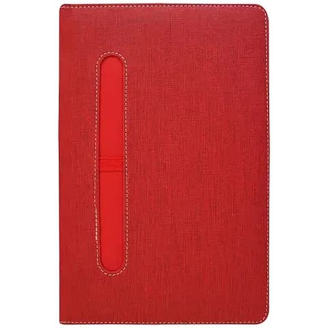 promosyon kırmızı dokulu defter kapağı, beyaz dikişler ve dikey kalem yuvası