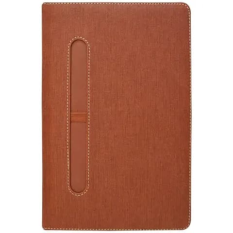 promosyon taba kahverengi dokulu defter kapağı, dikişli kenar ve oval kalem yuvası