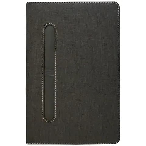 promosyon koyu gri dokulu defter kapağı, krem dikişli kalem yuvası ve beyaz fon