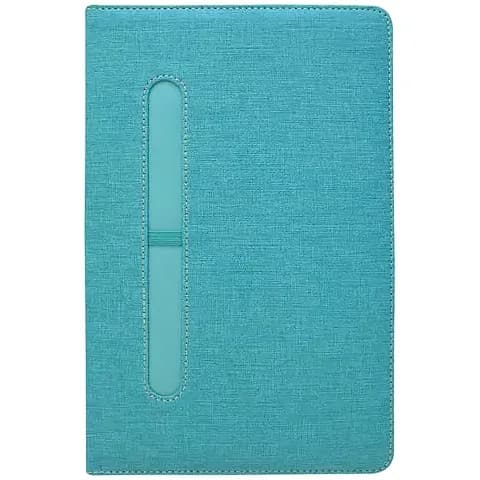 promosyon turkuaz kumaş dokulu defter kapağı, dikişli kalem yuvası ve beyaz fon