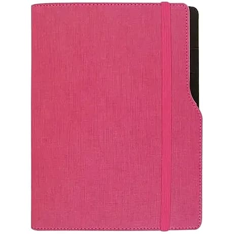promosyon pembe suni deri kapaklı lastikli defter, pembe lastik ve oyuk kesik kenar