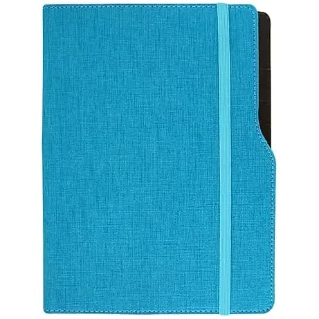 promosyon mavi suni deri kapaklı lastikli defter, açık mavi lastik ve siyah kalem halkası