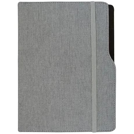 promosyon açık gri suni deri kapaklı lastikli defter, gri lastik ve siyah kalem halkası