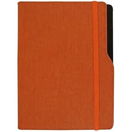 promosyon kiremit turuncu suni deri kapaklı lastikli defter, turuncu lastik, beyaz fon