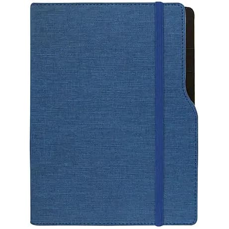 promosyon mavi suni deri kapaklı lastikli defter, kenarda oyuk kesik ve siyah kalem halkası