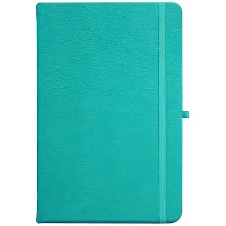 promosyon turkuaz suni deri kapaklı lastikli defter, ton uyumlu lastik ve kalem halkası