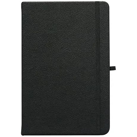promosyon siyah suni deri kapaklı lastikli defter, siyah lastik ve kalem halkası, beyaz fon