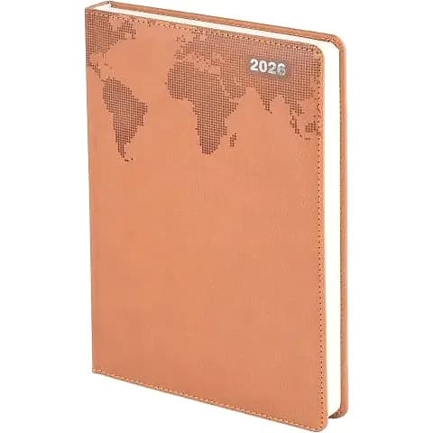 promosyon kahverengi defter, noktalı dünya haritası ve 2026 baskılı, dikişli kenar, lastik bantlı