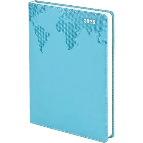 promosyon açık mavi defter, noktalı dünya haritası ve beyaz 2026 yazısı baskılı, beyaz sayfalar