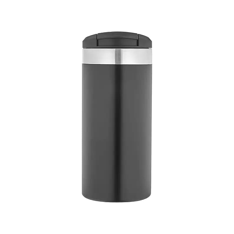 Promosyon siyah paslanmaz çelik termos 350 ml, gümüş metal bilezik ve siyah plastik kapaklı