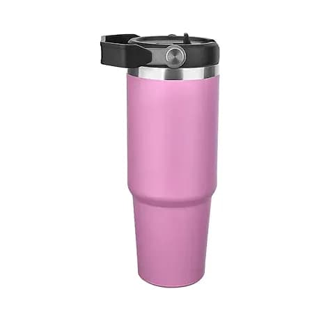 Promosyon pembe büyük boy termos bardak, siyah kapak ve gümüş renkli düğme