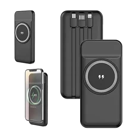 Promosyon manyetik powerbank, ön arka ve telefon arkasındaki kullanım görünümleri