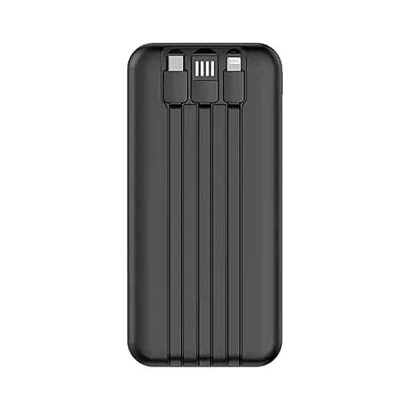 Promosyon mat siyah powerbank, dört kademeli gösterge ve üç gömülü kablosuyla