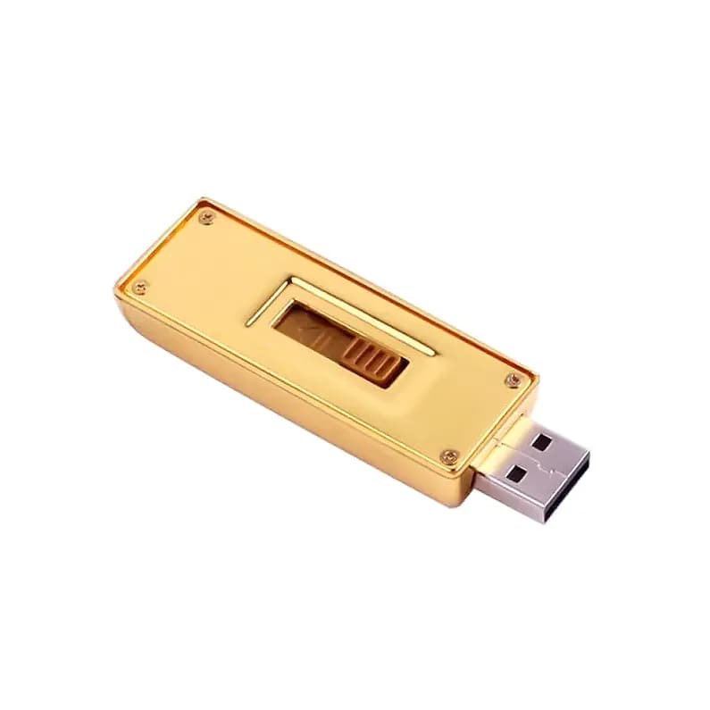 Promosyon altın renkli metal USB bellek, üst kapağında dört köşe vidası ve ortada kaydırma penceresi