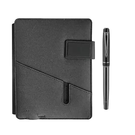 Promosyon siyah organizer defter ile krom klipsli kalemin kapalı ikili görünümü