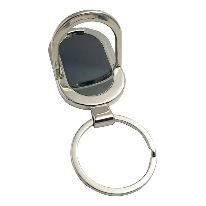 promosyon gümüş metal anahtarlık, alt halka ve üst kavisli halka, siyah panel, yazısız