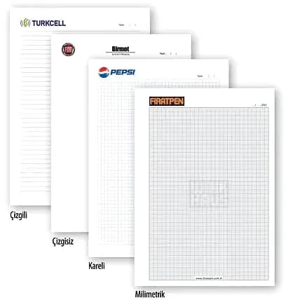 promosyon dört numune bloknot, çizgili çizgisiz kareli milimetrik yaprak seçenekleri, beyaz fon
