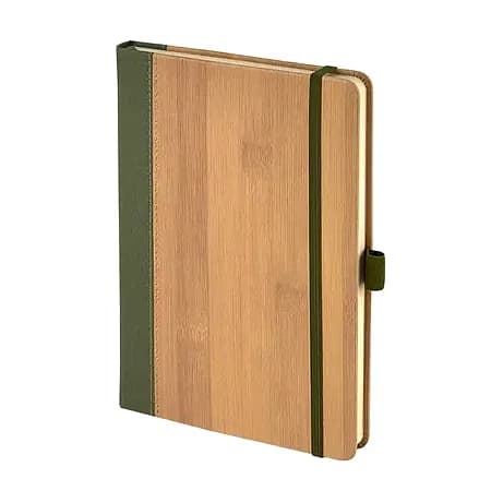 promosyon ahşap kapaklı termo deri defter, yeşil kalem halkası ve yeşil aksan, beyaz fon