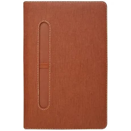 Kızıl kahverengi keten dokulu defter kapağı, kenar dikişli ve dikey kalem yuvalı; promosyon ürünü