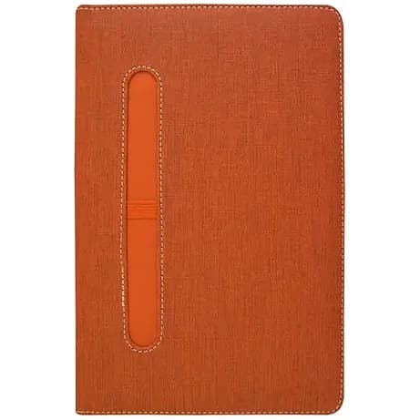 Turuncu keten dokulu defter kapağı, dikişli kenar ve dikey kalem yuvası; promosyon ürünü