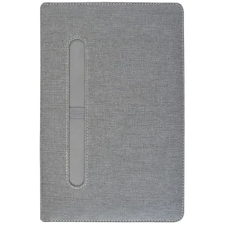 Açık gri keten dokulu defter kapağı, dikişli kenar ve dikey kalem yuvası; promosyon ürünü