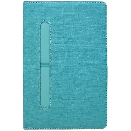 Turkuaz keten dokulu defter kapağı, dikişli kenar ve dikey kalem yuvası; promosyon ürünü