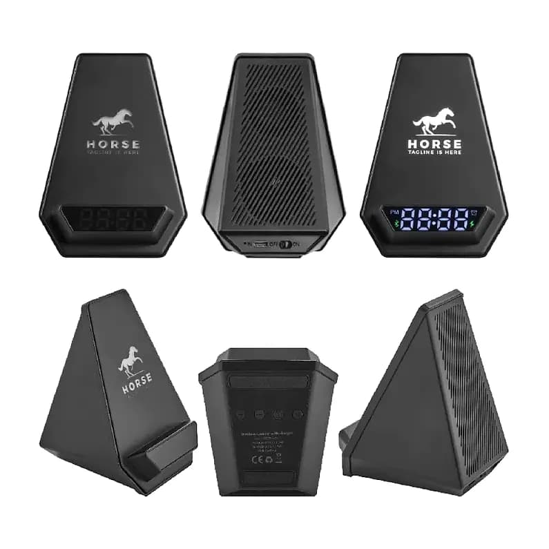 Altı açıdan çekilmiş siyah promosyon bluetooth hoparlör, mavi LED saatli