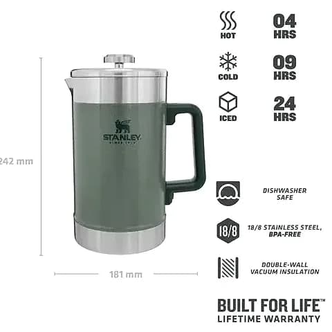 Promosyon yeşil kahve presi ölçü görseli, 242 mm boy, 181 mm genişlik ve 24 saat buz tutma