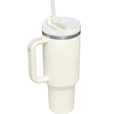 Promosyon krem çelik termos bardak, kaydırmalı sızdırmaz kapak ve ergonomik yan tutamaklı