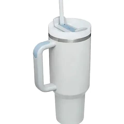 Promosyon krem pipetli termos bardak, açık mavi kapak sürgüsü ve kulplu, logosuz sunum