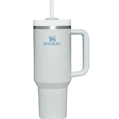 Promosyon açık gri krem tonlu termos bardak, şeffaf kapak ve pipet, yan tutamaklı