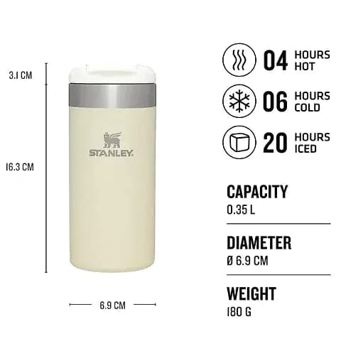 Promosyon krem termos bardak ölçü görseli, 0,35 L kapasite, 180 g ağırlık ve 6,9 cm çap