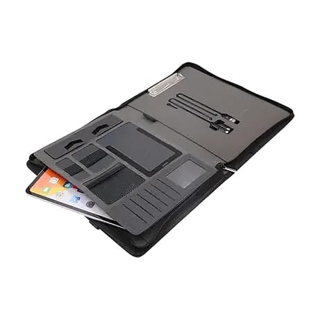 Promosyon açılmış fermuarlı siyah organizer çanta, tablet yuvası ve kart gözleriyle
