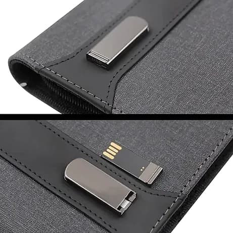 Promosyon gri kumaş organizer parçası, elastik bandında duran USB bellekle