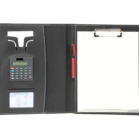 Promosyon siyah organizatör içinde beyaz bloknot, kart cebi ve hesap makinesi