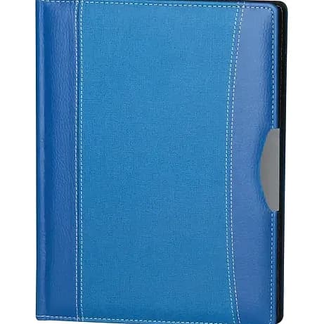 Promosyon mavi dokulu suni deri defter kapağı, beyaz dikişleriyle kapalı halde