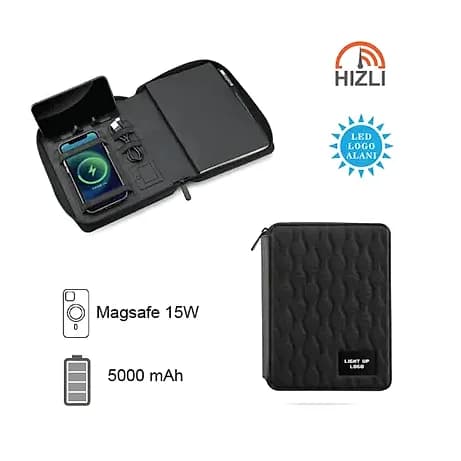 Promosyon siyah ajanda, sol panelinde telefon tutucu ve kablosuz şarj bölümüyle