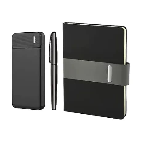 Promosyon siyah üçlü set, powerbank kalem ve lastik bantlı defter bir arada