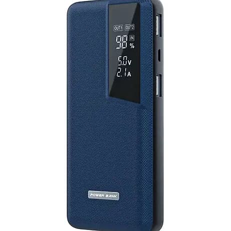 Promosyon lacivert dokulu powerbank, siyah dijital ekran ve çift çıkışıyla