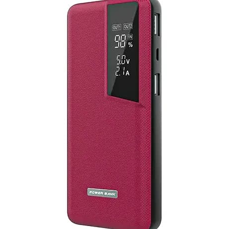 Promosyon bordo dokulu powerbank, ekran göstergesi ve gümüş etiketiyle