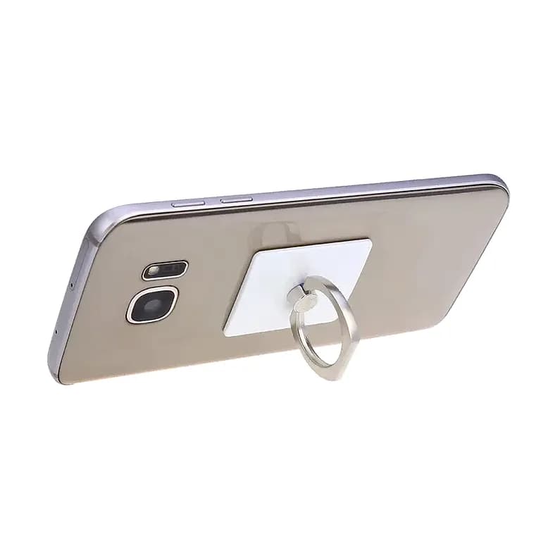 Promosyon telefon yüzük tutucusu, beyaz yapışkan taban ve gümüş metal halkalı