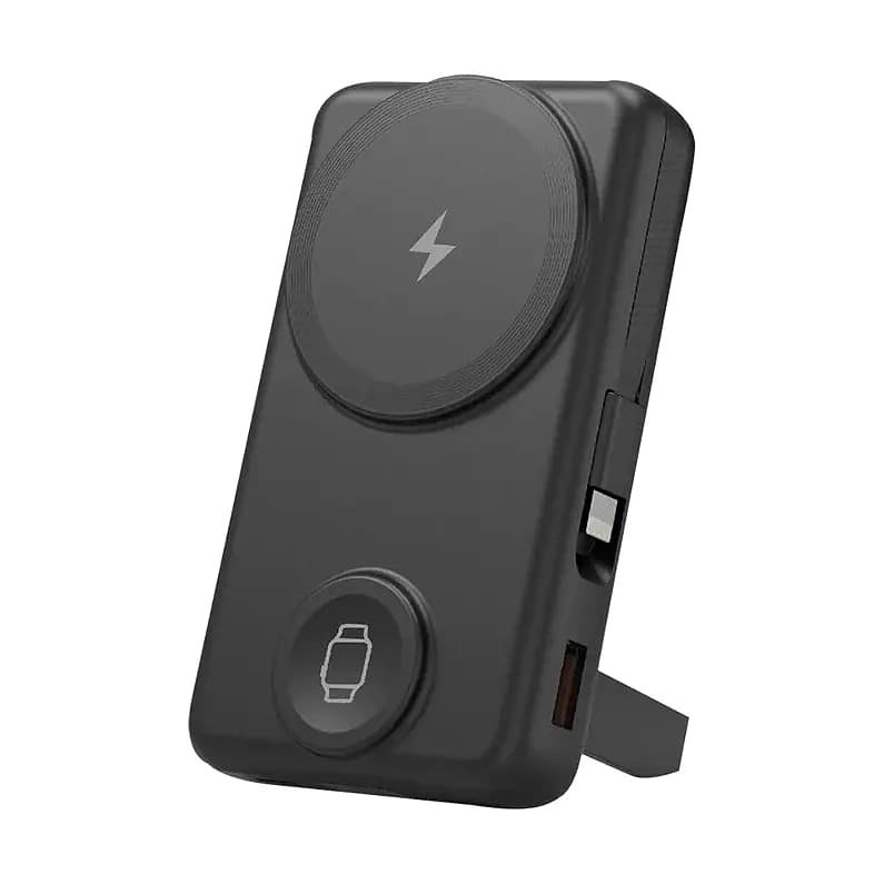 Promosyon siyah manyetik powerbank, telefon ve akıllı saat için iki dairesel şarj alanlı