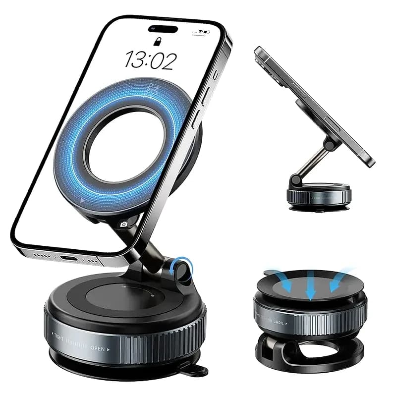 Mavi detaylı promosyon mıknatıslı telefon tutucu, katlanır kol, döner vakumlu taban