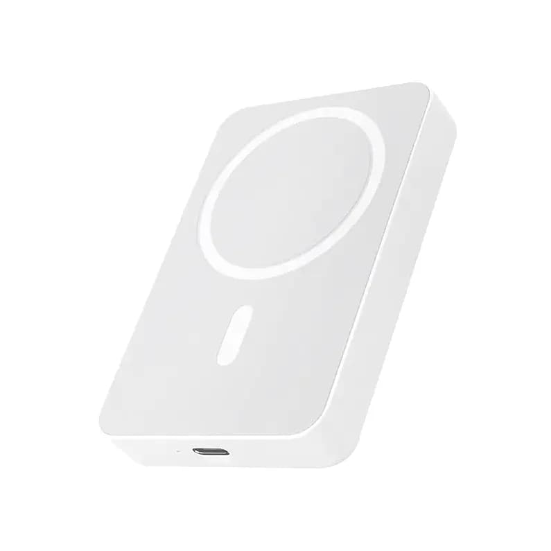 Beyaz promosyon manyetik powerbank, daire biçimli mıknatıslı halka, alt kenarda şarj girişi