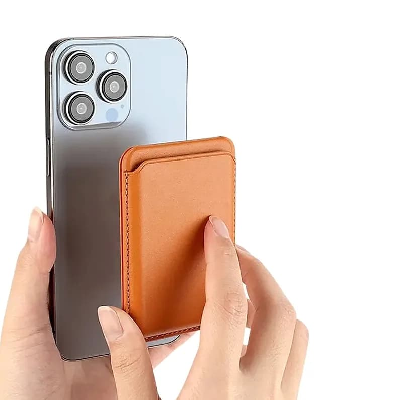 Turuncu promosyon manyetik telefon kartlığı, dikişli kenar, metal detaylı