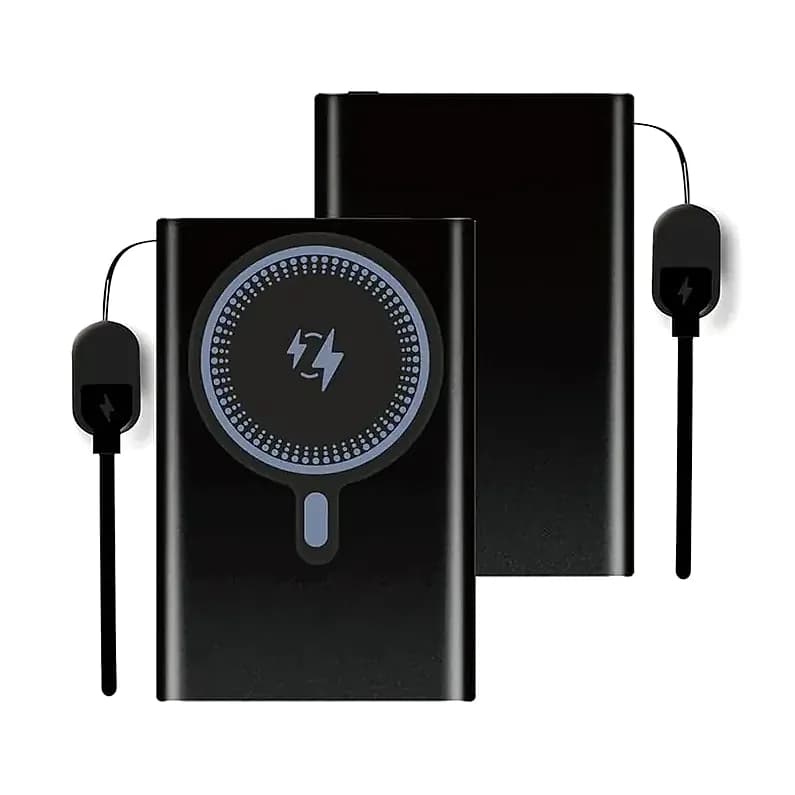 Siyah promosyon powerbank, dahili şarj kablosu ve kablosuz şarj halkası, şimşek simgesi