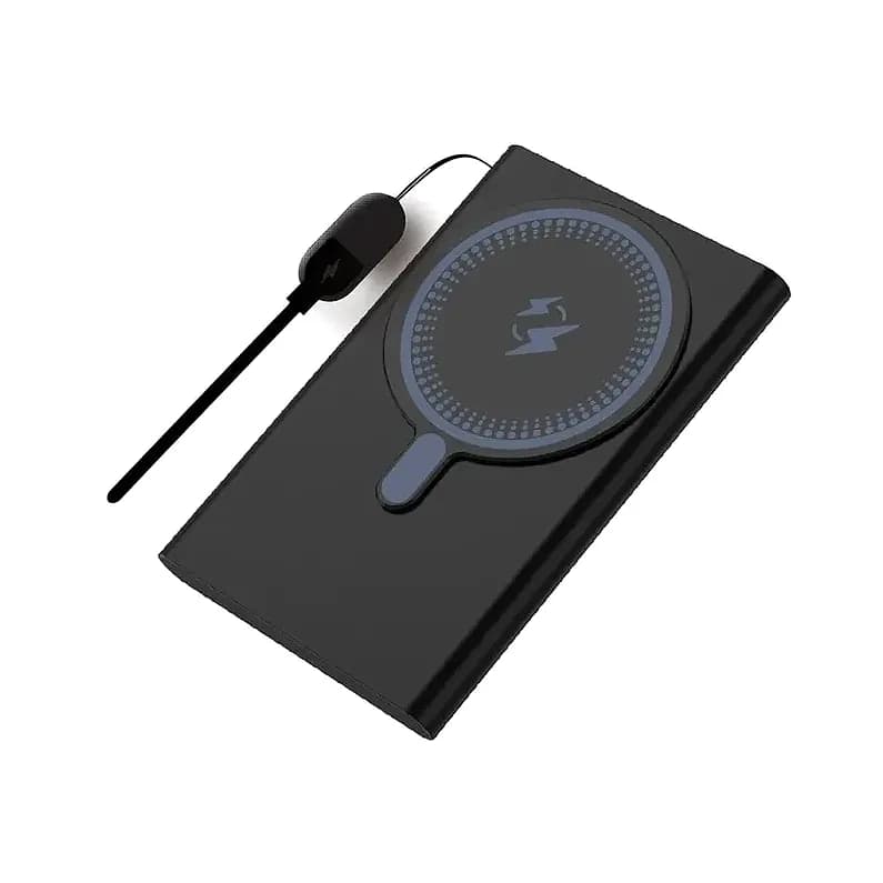 İnce siyah promosyon powerbank, noktalı kablosuz şarj yüzeyi, yan tarafta bağlı kablo