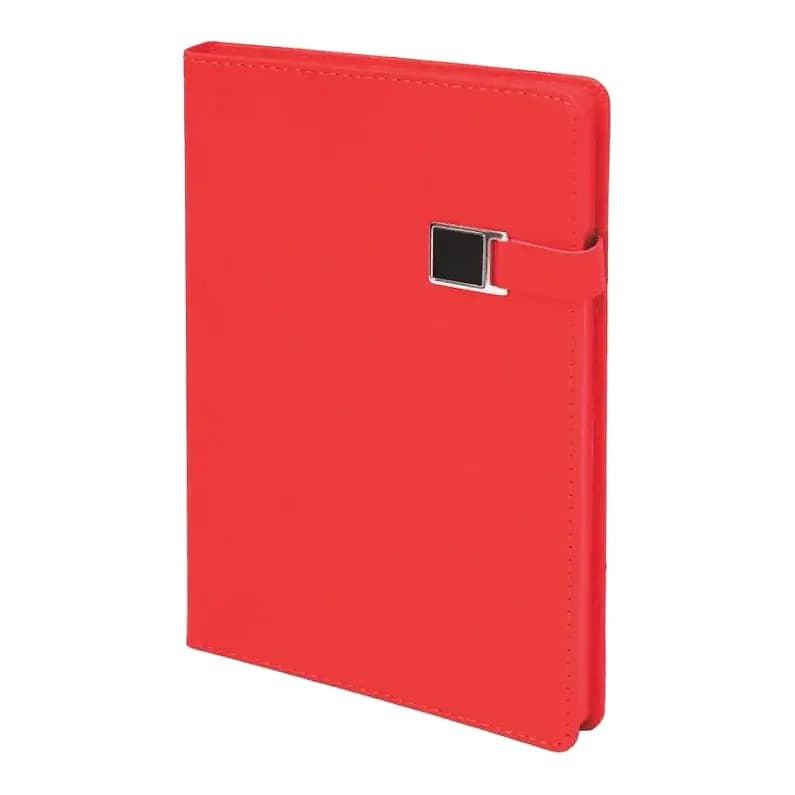 Kırmızı suni deri promosyon defter, tokalı şerit ve dikişli kenar